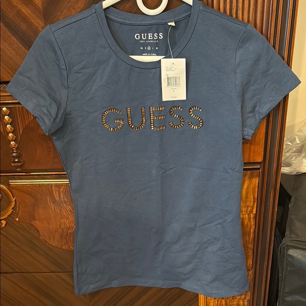 GUESS Blue Fitted Embellished Short Sleeve Tee